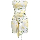 Milumia Women's Sexy Tube Strapless Floral Ruched Bodycon Summer Mini Dress with Bow Tie