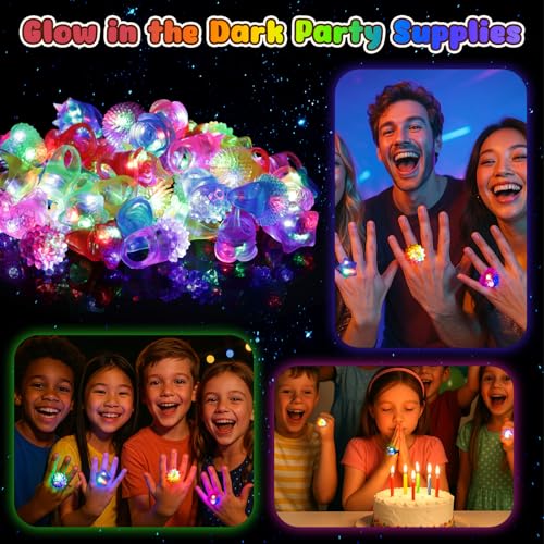 LovesTown 48PCS LED Light up Rings, 6 Styles Flashing Glow Kids Bulk Rings Glow in the Dark Party Supplies for Halloween Christmas Birthday Classroom Prizes Goodie Bag Fillers