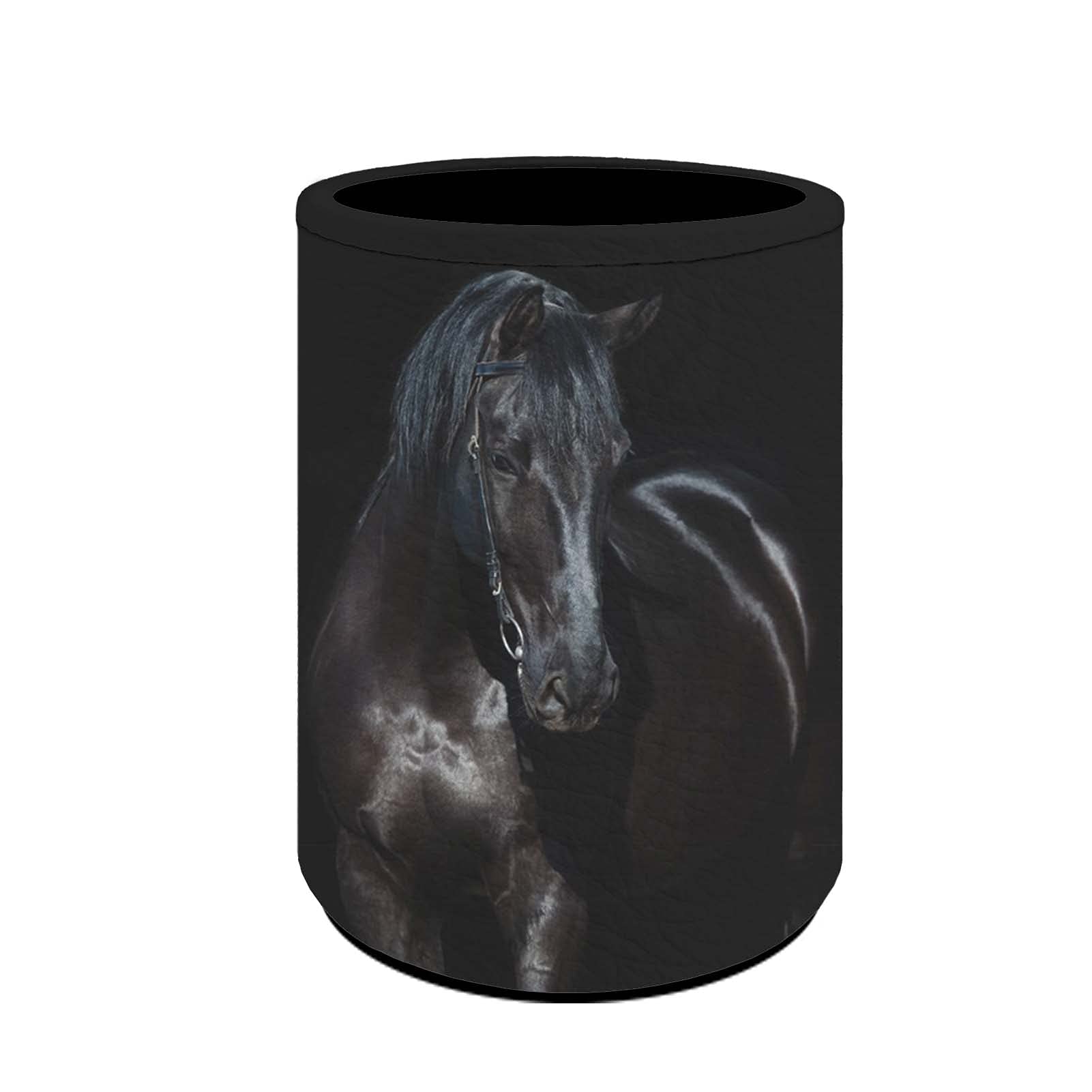 Kuiaobaty Pen Holder,PU Leather Pencil Cup Organizer Black Horse Print Round Pencil Cup Office Supplies Organizer