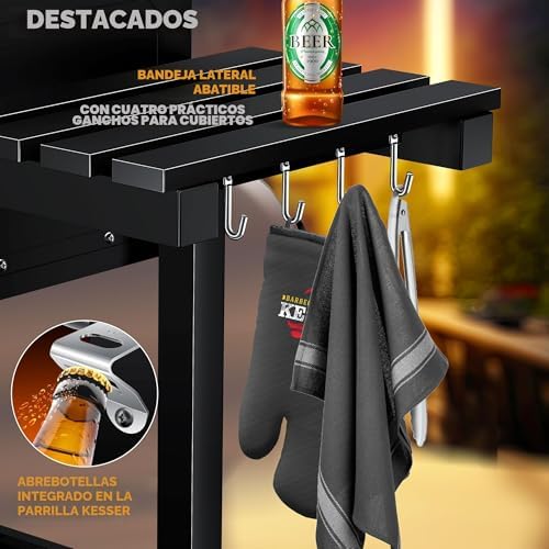 ® Parilla de Carbón con Carrito Grill con Tapa, Ruedas, Mango de Acero Inoxidable | Barbacoa y Termómetro Carbón Grande BBQ Asador Camping, Terraza, Jardín XL Negro
