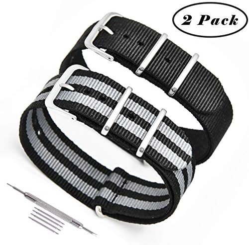 NATO Watch Straps 2 Pack Ballistic Nylon Replacement Watch Bands Military Canvas with Stainless Steel Buckle for Men Casual Classic Watches Accessories 20mm 22mm