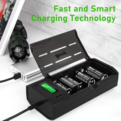 BONAI LCD Rechargeable Battery Charger For C, D, AA, AAA Battery (Ni-Mh or Ni-Cd) and 9V Battery (Ni-Mh or Li-ion) - LCD Universal Battery Charger With Discharge Function [Black]