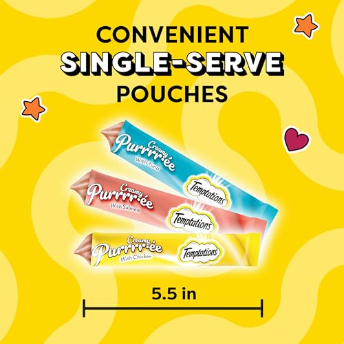 TEMPTATIONS CREAMY PUREE WITH CHICKEN, SALMON, AND TUNA VARIETY PACK OF LICKABLE, SQUEEZABLE CAT TREATS, 0.425 OZ POUCHES, 24 COUNT