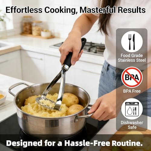 Potato Mashers, Potato Masher Food Grade Stainless Steel, Heavy Duty Potato Ricer Masher with Soft Grip Handle, Kitchen Food Masher for Mashed Potato, Tomato Puree, Jam, Vegetable & Fruits