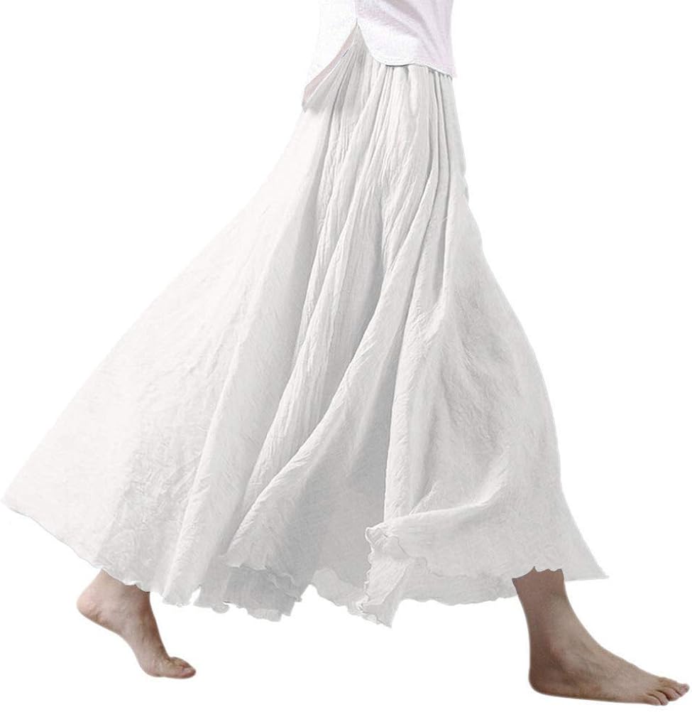 Ezcosplay Women Bohemian Cotton Linen Double Layer Elastic Waist Long Maxi Skirt at  Women’s Clothing store
