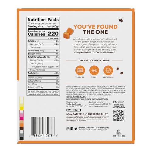 ONE COFFEE SHOP CAFFEINATED PROTEIN BARS, CARAMEL MACCHIATO, GLUTEN FREE WITH 20G PROTEIN AND 65MG OF CAFFEINE ENERGY, PANTRY STAPLES, 2.12 OZ (12 COUNT), PACKAGING MAY VARY