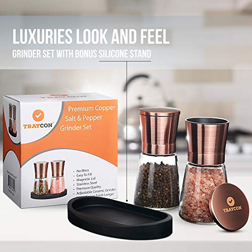 Traycon Salt And Pepper Grinder Set (2 Pc.) Copper Colored Stainless-Steel, Glass Base/Kitchen, Dining Room Accessory/Spices, Himalayan Pink Salt, Peppercorn/With Bonus Black Silicon Stand