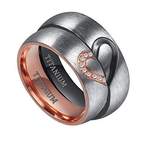 TIGRADE Real Love Heart Titanium Wedding Bands Couple Engagement Rings CZ Inlaid (women's, 6)