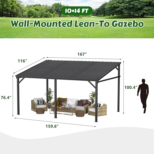 MUPATER 10x14 Wall Mounted Gazebo with Gutter, Heavy Duty Outdoor Lean-to Pergola for Patio & Backyard image 8