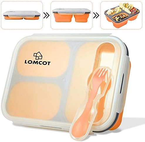 Bento Lunch Box, LOMCOT Leakproof 3 Compartment Bento Box Collapsible Eco Durable BPA Free Meal Prep Containers Lunch Box with Spork for Adults, Kids (Orange)
