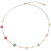 Mikovivi Flower Beaded Necklace, 15.75+1.97 Inch Daisy Flowers Beaded Ball Chain Fashion Adjustable Necklaces Cute Colorful Chain Jewelry for Women