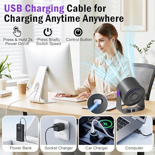 Silent Table Fan, Powerful USB Rechargeable Battery Powered Fan 3 in 1 Portable Fan 5 Speed 360° Adjustable Desk Fan for Camping Office Kitchen Camper