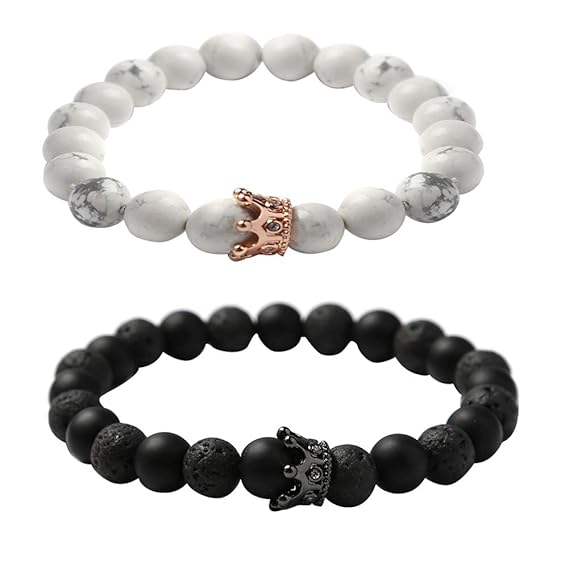 Leisial 2 PCS Armband mit Krone und Beads,Schwarz und weiß Matte Beads Vulkanstein Armbänder für Pärchen Liebhaber Paar Partn
