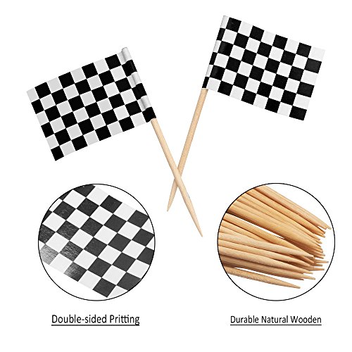 Checkered Toothpicks Flags Cupcakes Topper 200 Pcs Black and White Party Cake Decoration Wooden Picks with Paper Flag - Thumbnail 3