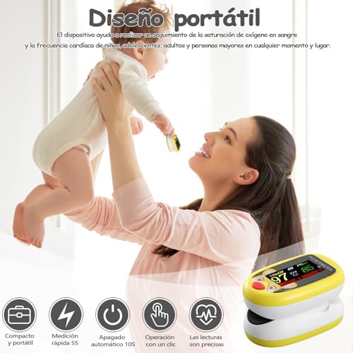 Oximetro pediatrico, oximetro digital recargable, puede monitorear la saturación de oxígeno en sangre, frecuencia del pulso y PI al mismo tiempo, adecuado para pruebas y monitoreo diarios (Amarillo)