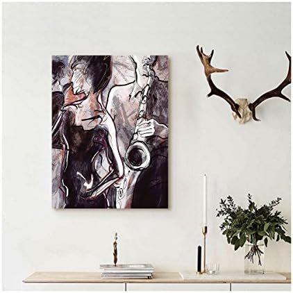 Liguo88 Custom canvas Jazz Music Decor Wall Hanging Illustration of Man Playing the Saxophone with Dancers Classic Home Decor Dark Brown Mauve and Salmon