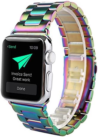 SHJD Band Compatible with Apple Watch,42mm Stainless Steel iWatch Wristband Metal Buckle Clasp Strap Replacement Link Bracelet for Apple Watch Series 3/2/1 Sports Edition (Colorful, 42mm)