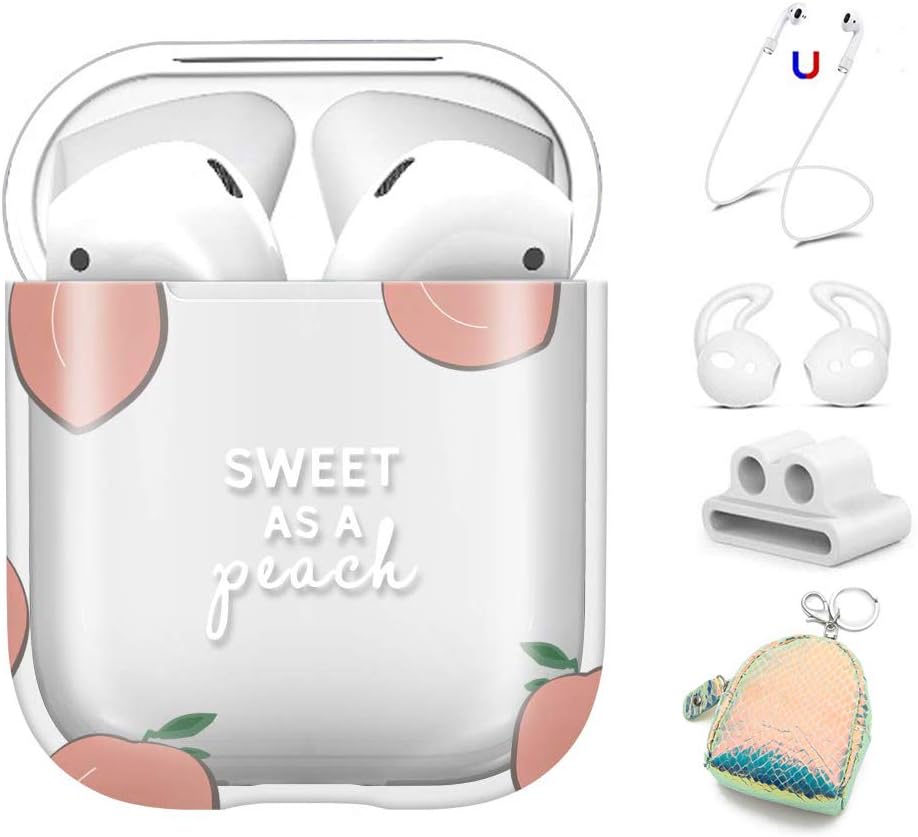 AirPods Case Cover 5 in 1 for Apple AirPods 2 & 1, Cute Clear Full Protective Hard Cute Cases for Girls Floral Print for Apple Airpods 1 & 2 - Flamingo (Peach)