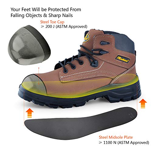 SAFETOE Men's Steel Toe Safety Boots Water-Resistant Lightweight Lace Up Leather Shoes, Brown, 8 D(M) US