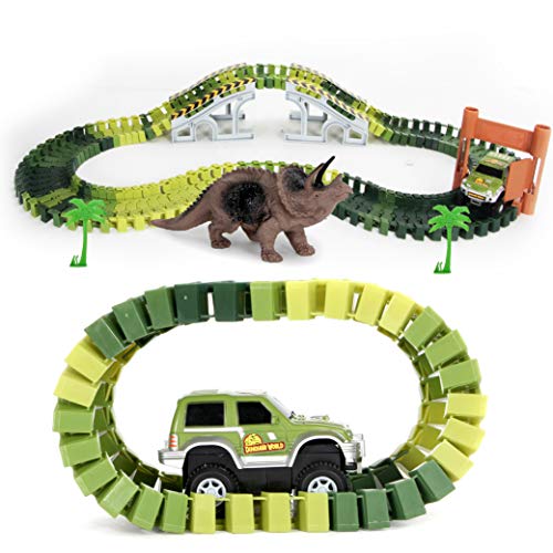 Dinosaur World Race Tracks - 142 Piece Playset, Toy Slot Car & 2 Dinosaur Toys + Storage Bag - Create a Jurassic Road Park Track with Bridge and Gate, for All Kids, Boys & Girls - Thumbnail 5