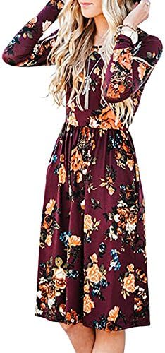 STKAT Women's Floral Print Long Sleeve Pleated Swing Pocket T Shirt Dress