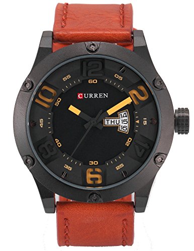 CURREN Men's Leather Sports Army Date Day Analog Quartz Wrist Watch Brown