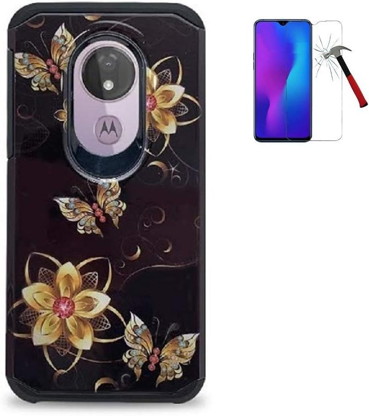 Compatible Case for Moto g7 Optimo Maxx, Phone Case for Moto G Power 7th Gen/Motorola Moto G7 Power XT1955 /Moto G7 Supra, Shockproof Slim Hard Cover Case (Black_Gold Butterfly - Tempered Glass)