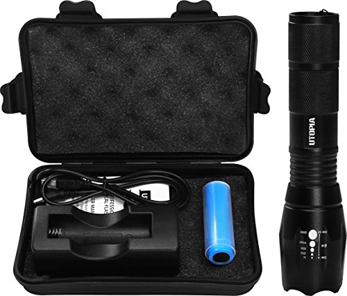 Handheld Tactical LED Flashlight- Zoomable and Adjustable Focus - 5 Lighting Modes - Rechargeable 18650 Battery - By Utopia Home