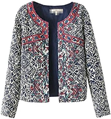 Vechell Women Vintage Ethnic Print Long Sleeve Quilted Jacket Coat Colorful,S