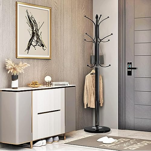AUTOYSUR Metal Coat Rack Stand with Natural Marble Base, Tree Coat Rack Stand, Free Standing Hall Tree with 12 Hooks for Hanging Scarf, Bag, Jacket, Home Entry-way Hat Hanger Organizer (Black)