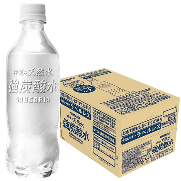 サンガリア 伊賀の天然水 強炭酸水 ラベルレス 450mlペットボトル×24本入×(2ケース)商品画像
