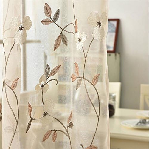 Floral Embroidered Sheer Curtains for Living Room Rod Pocket Retro Voile Drapes for Bedroom 52W x 96L Inch 1 panel Coffee