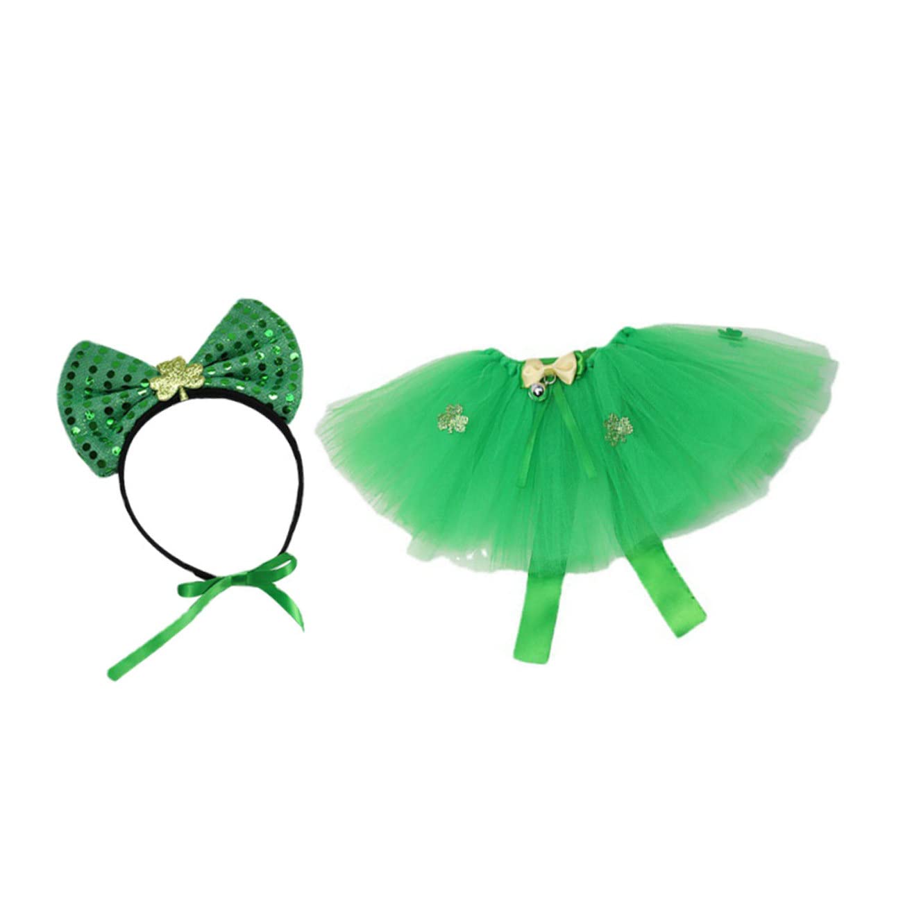 Gogogmee 1Set St Patrick's Day Pet Hairband and Skirt Festival Pet Dress Decor Accessory for Dogs and Cats Tulle Headband and Skirt with Bow for Holiday Celebrations