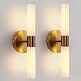 KUZZULL Wall Sconces Set of Two, Brass Gold Bathroom Sconces Wall Lighting with White Glass, Modern Sconces Wall Decor Set of 2 Wall Light fixtures for Bathroom Mirror Living Room Hallway Wall Lamp