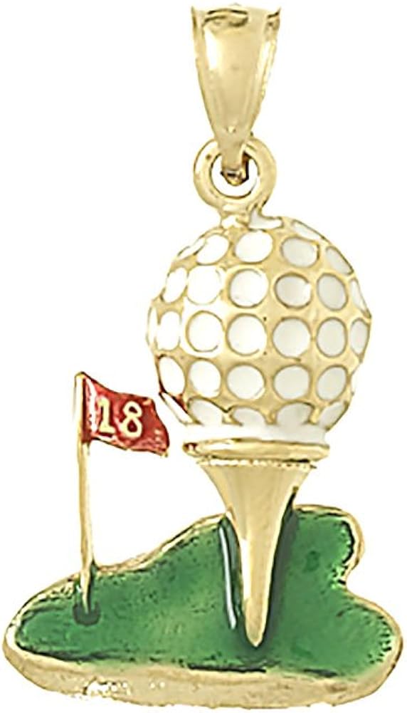 14k Yellow Gold Sports Charm Pendant, 2D Golf Ball On Tee
