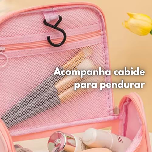 Necessaire Feminina Transparente Viagem Bolsa Ideal para Cosméticos Maquiagem Higiene Pessoal Fechamento com Zíper Fácil Acesso Design Moderno Funcional Impermeável (Rosa)