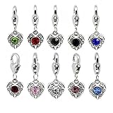 Clip on Created Birthstone Charms Color Rhinestone Heart Charms