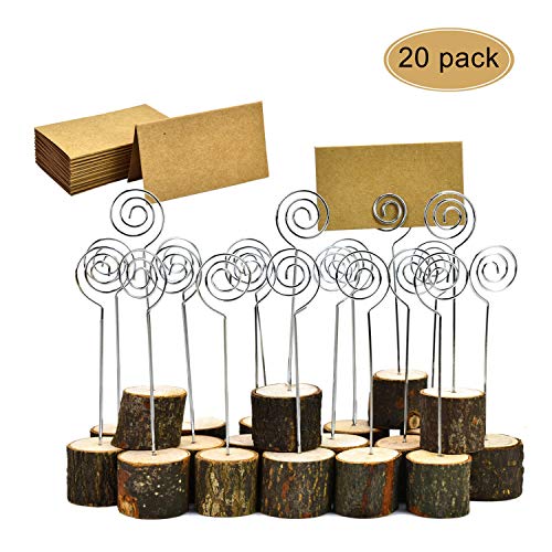 Pomeat 20 Pcs Table Card Holder Rustic Wood Base Wedding Card Holders with Swirl Wire and 20 Pcs Kraft Place Cards, 5.8 inch Photo Picture Note Clip for Wedding Home Party Table Decorations
