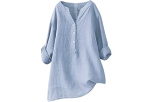 USCHARM 3/4 Length Sleeve Womens Tops Casual Button Up V Neck Plus Size Henley Shirts Summer Short Sleeve Solid Color Blouses