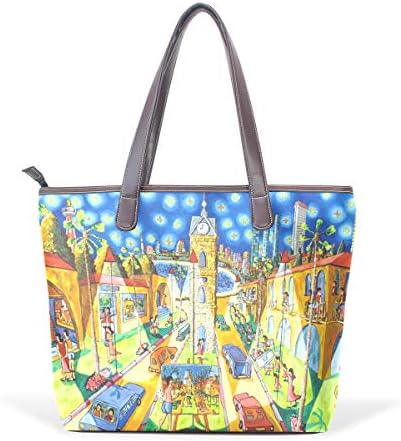 Leather Tote Bag for Fashion Ladies Large Handbag Briefcase Laptop Tote Bag Urban PaintingL(33x45x13) cm