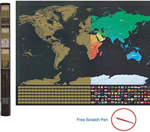 Scratch Off World Map Poster. 32.5" x 23.4" Original Travel Tracker Map Print w/Flags, US States Outlined. The Perfect Gift for Travelers.