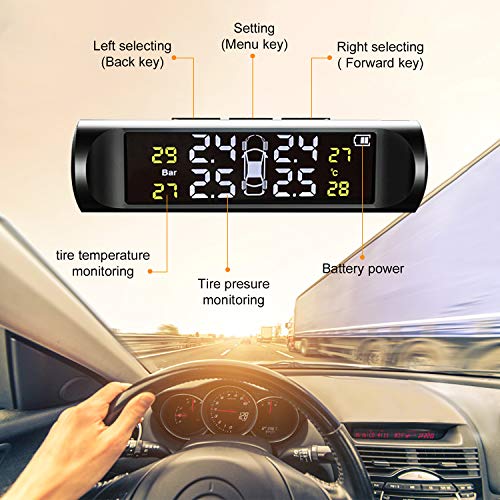 Zmoon TPMS Car Tire Pressure Monitoring System Solar Power Universal Wireless LCD Display with 4 External Sensors Real-time Display 4 Tires' Pressure & Temperature - Thumbnail 4