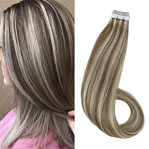 Ugeat Tape in Real Human Hair Extensions 20 Inch Golden Brown Highlight Bleach Blonde Skin Tape Hair Extensions Full Head 40pcs/100g Glue in Human Remy Hair Extension