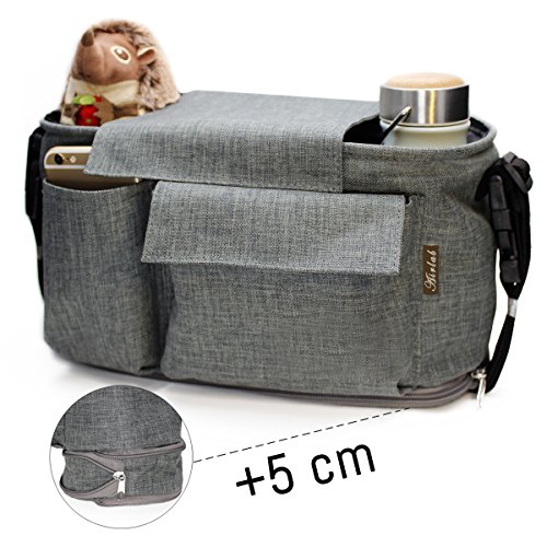 Stroller Organizer Bag with Zipper, Extra 5cm Capacity to Enlarge, Extra-Large Storage Space for iPhones, Toys, Diapers, Books, Drinking Bottles, Mobile Phones and other Baby Accessories, Waterproof