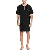 Yukiuiny Men Short Sleeve Nightshirt Knee Length Nightgown Cotton Sleep Shirt Lounge Wear