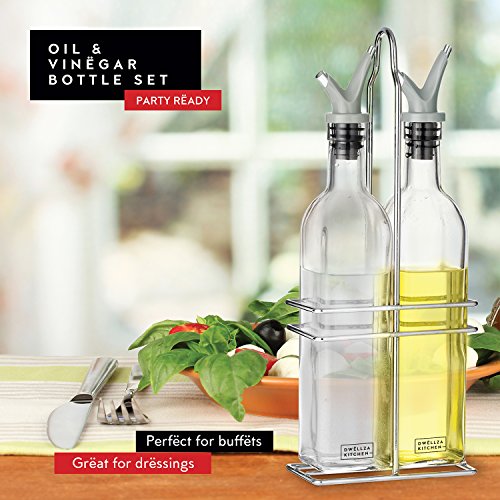 Dwellza Kitchen Glass Olive Oil and Vinegar Dispenser Set with FREE Collapsible Silicone Funnel | No-Drip Double Spouts | Dishwasher-Safe Bottles and Stainless Steel Holder in Break-Free Packaging