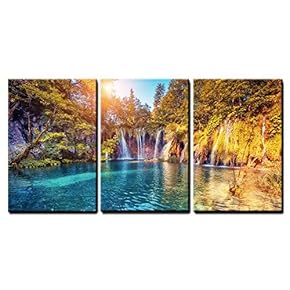 3 Piece Canvas Wall Art - Majestic View on Turquoise Water and Sunny Beams in The Plitvice Lakes National Park - Modern Home Art Stretched and Framed Ready to Hang - 16"x24"x3 Panels