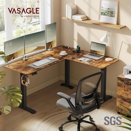 VASAGLE Höhenverstellbarer Schreibtisch elektrisch, L-förmiger Eckschreibtisch, 140 x 160 cm, mit Ladestation, Memory-Funktion mit 2 Höhen, für Homeoffice, vintagebraun-tintenschwarz LSD264K01 thumbnail 2