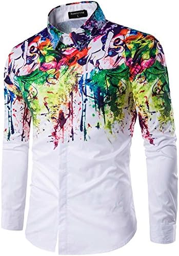 XuanYing Men's Geek Psychedelic Splash-ink Printed Slim Fit Long Sleeve Dress Shirts (XLarge, XY01)