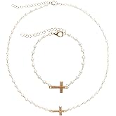 Pearl Cross Necklace and Bracelet for Women, Gold Plated Side Cross Pendant with Beads, Dainty Beaded faith Jewelry Christmas Gift Set
